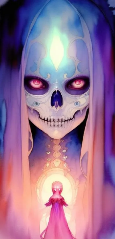 Mystical skull artwork with vibrant colors and fantasy elements.