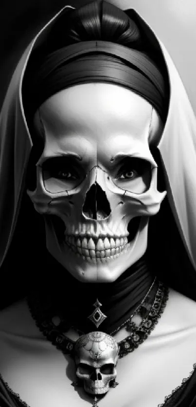 Mystical skull art with gothic design in monochrome colors.