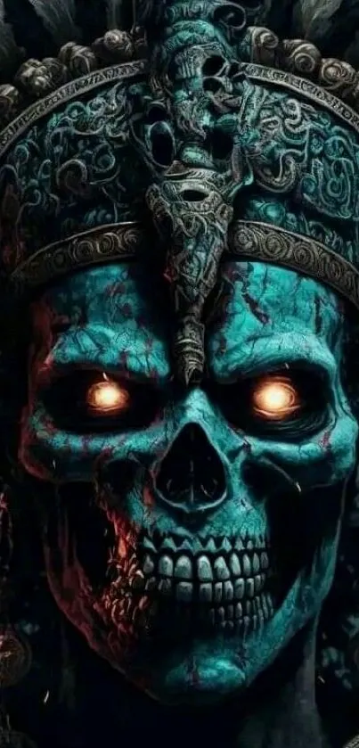 Intricate skull art wallpaper with glowing eyes and a mystical dark theme.