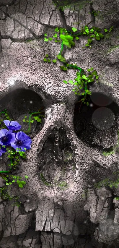 Stone skull with green vines and purple flowers on a cracked background.