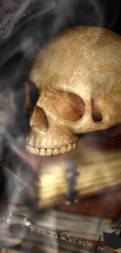 Realistic skull with smoke and vintage books on dark wallpaper.