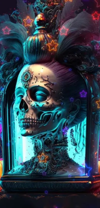 Mystical skull wallpaper with vibrant neon effects.