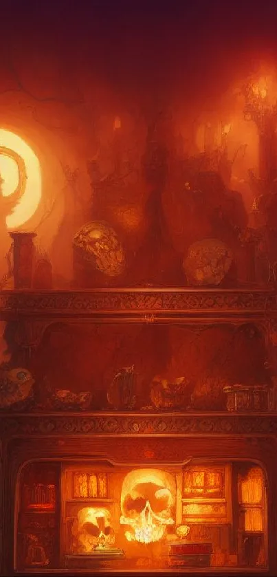 Mystical skull art wallpaper with warm lighting and intricate details.