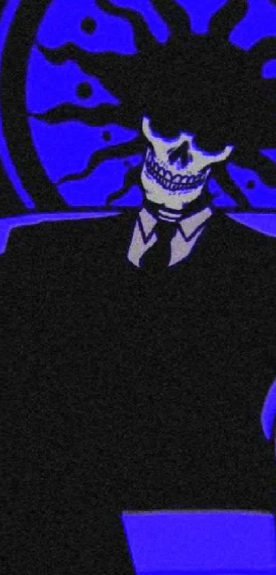 Eerie skull in a suit with vibrant colors.