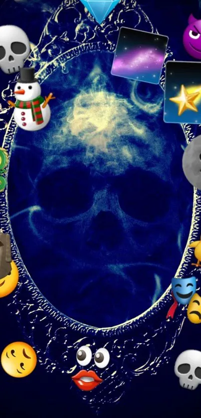 Dark blue mystical skull wallpaper with colorful emojis.