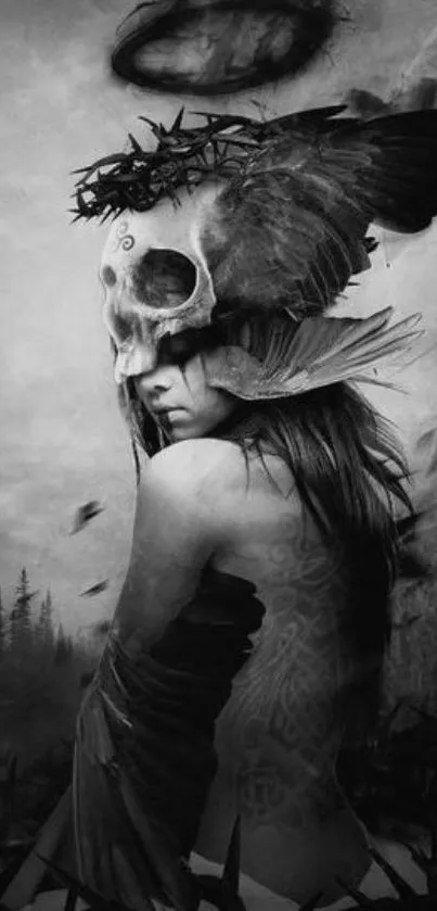 Mystical skull art with dark feathers and forest background.