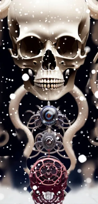 Mystical skull art with intricate design in a surreal, snowy scene.