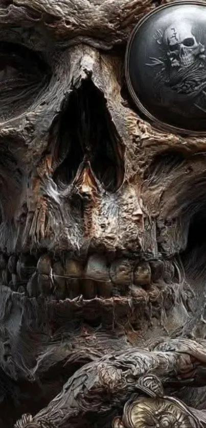 Intricate dark skull art with mystical details.