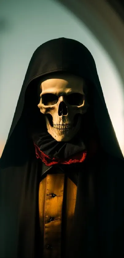 A cloaked skull figure standing in an archway with a mystical, dark ambiance.