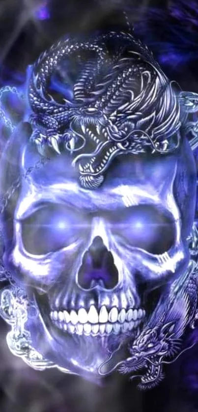 Mystical skull and dragon art wallpaper in purple and black hues.