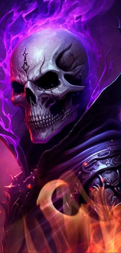 Mystical skull with purple flames in dark fantasy style wallpaper