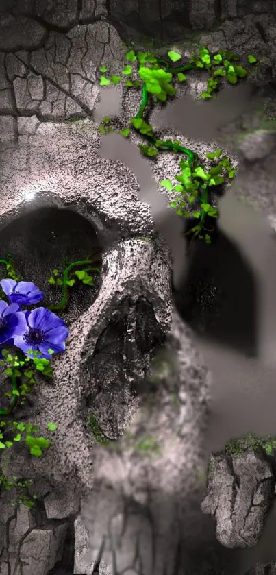 Skull with green leaves and purple flowers, mystical art wallpaper.