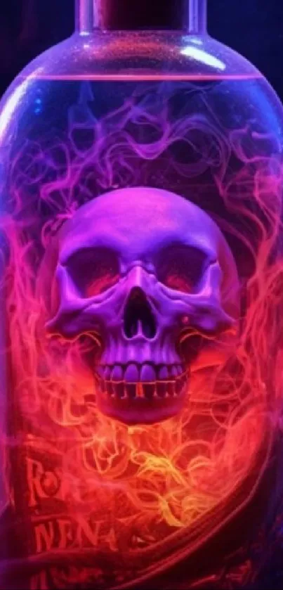 Mystical skull in a smoky glass bottle with vibrant purple and red hues.