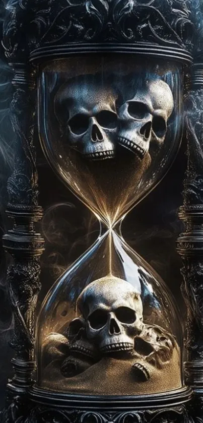 Dark hourglass with skulls and smoky design, captivating gothic wallpaper.