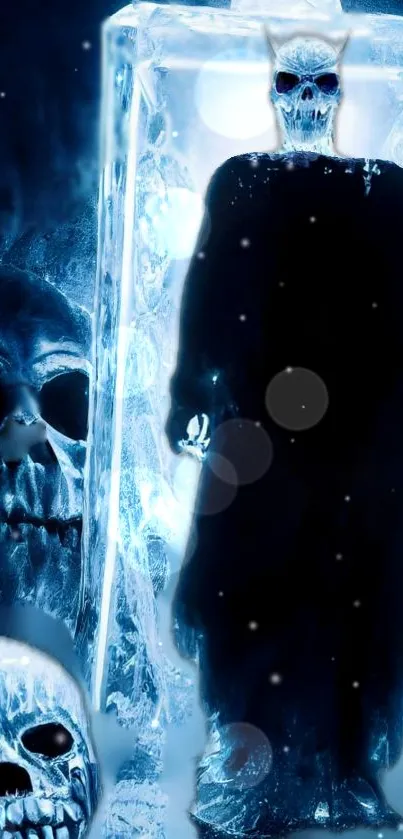 Mystical skull ice warrior encased in dark blue frozen ice.