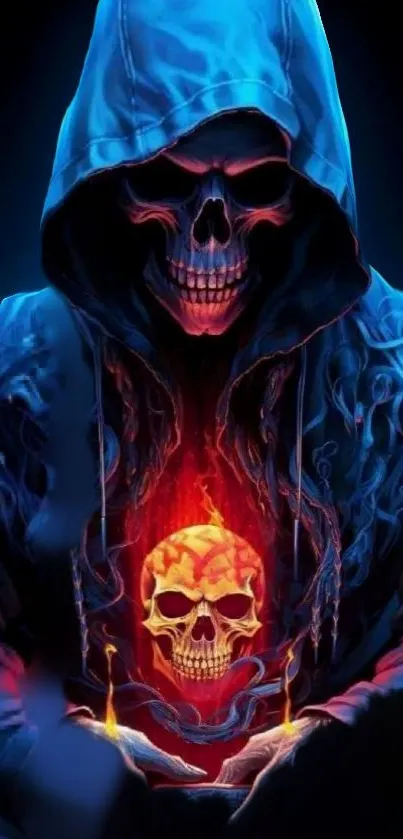 Mystical skull in blue hood with fiery glow, digital art.