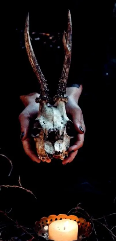 A skull with antlers held over a lit candle in the dark.