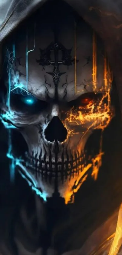 A mystical skull with blue and orange flames on a dark background.