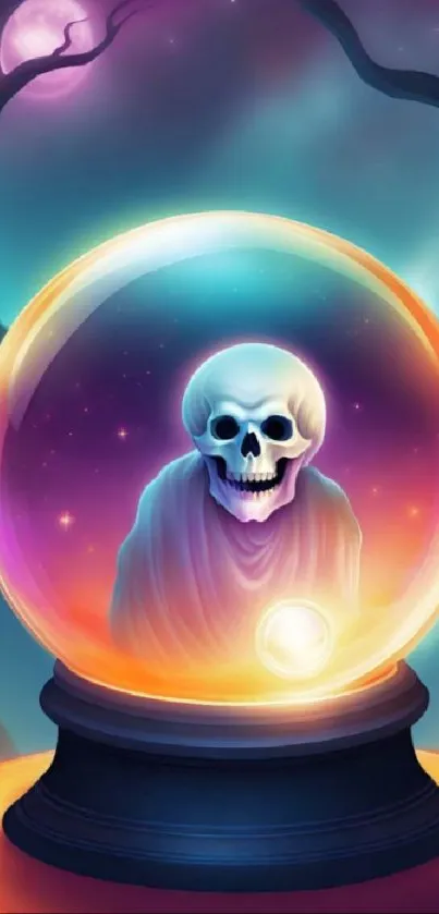 Mystical skull inside a glowing crystal globe with fantasy background.