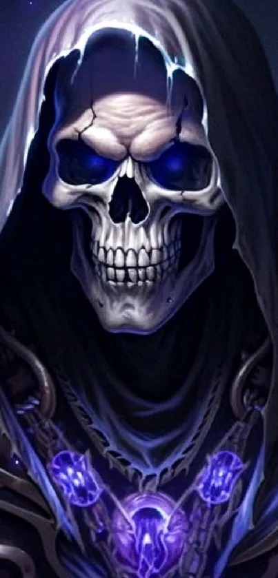 Mystical hooded skull with a purple glow.