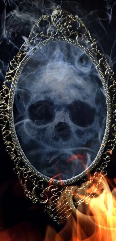 Ornate mirror with smoky skull reflection.