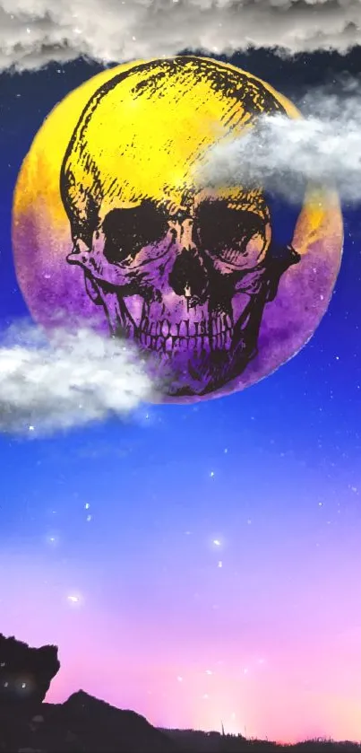 Skull artwork set against a vibrant starry and cloudy sky with purple hues.