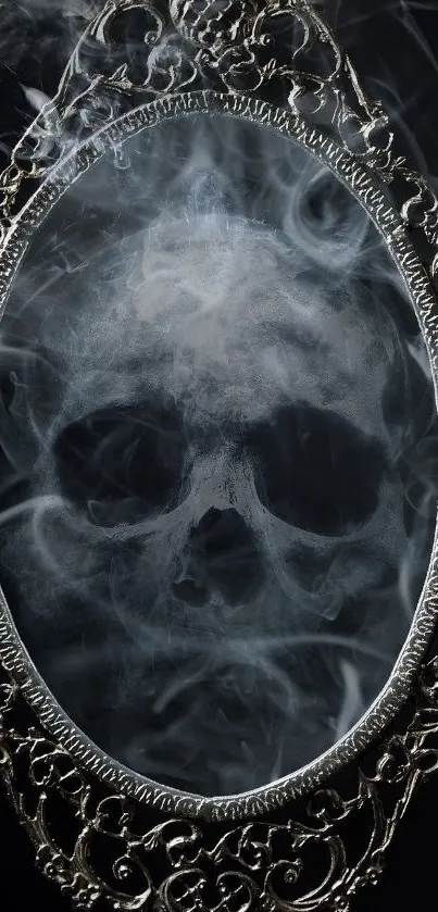 Intriguing skull within a smoke-filled vintage mirror frame on a dark background.