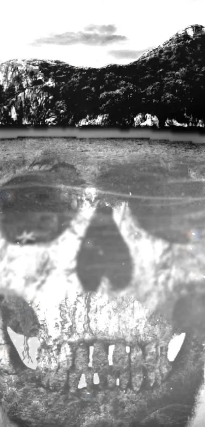 Skull overlaid on a monochrome island landscape.