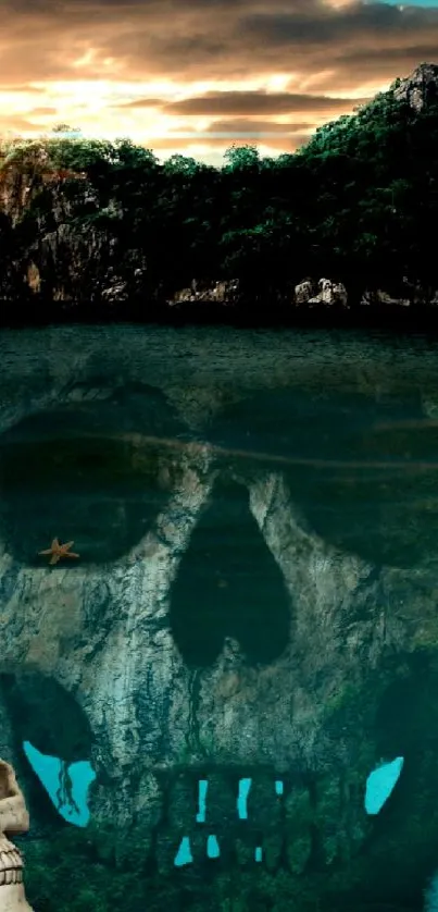 Mysterious island with skull beneath the ocean at sunset.