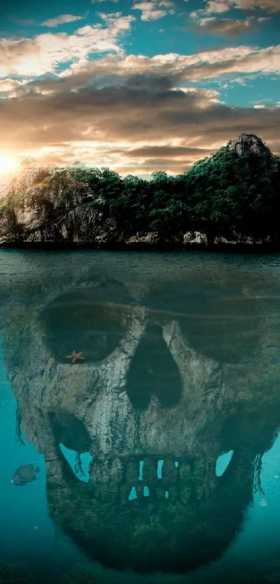 Mysterious island with skull reflection over teal ocean.