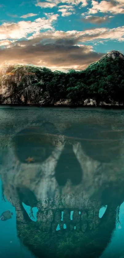 Skull-shaped island reflecting in calm ocean waters at sunset.