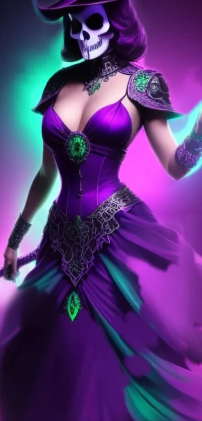 Skeleton lady in a purple gown with teal glow wallpaper.