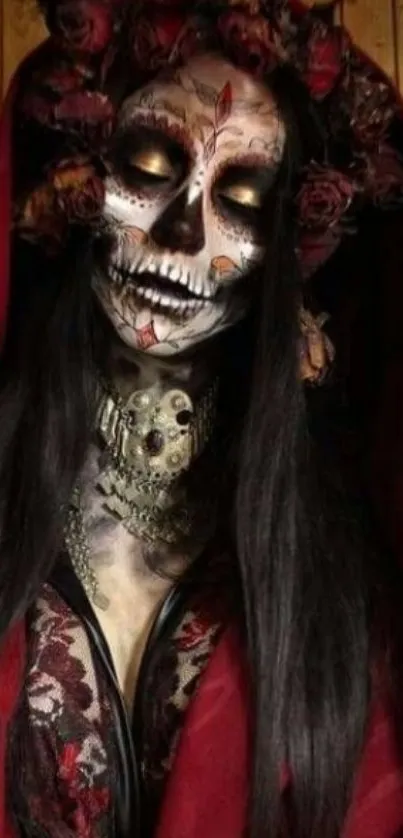 Intricate skull makeup with red roses and gothic style.