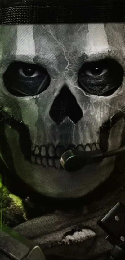 Mysterious skull mask on dark wallpaper with green accents.