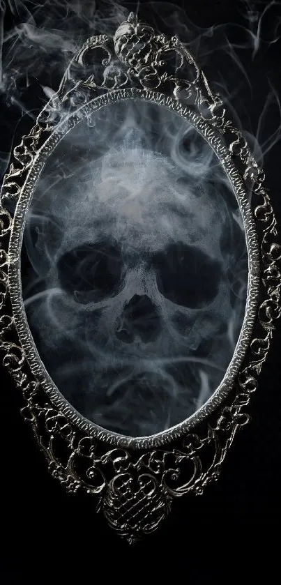 A skull appears in a smoky ornate mirror on a dark background.