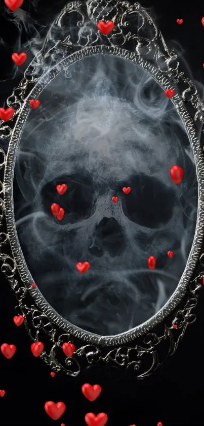 Skull formed in smoke within ornate mirror with red heart accents.