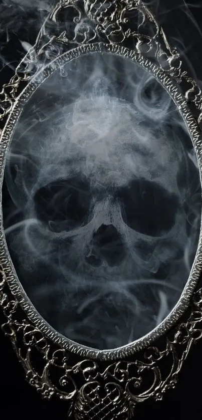 A skull appears in a smoky, ornate mirror, creating a mystical wallpaper design.