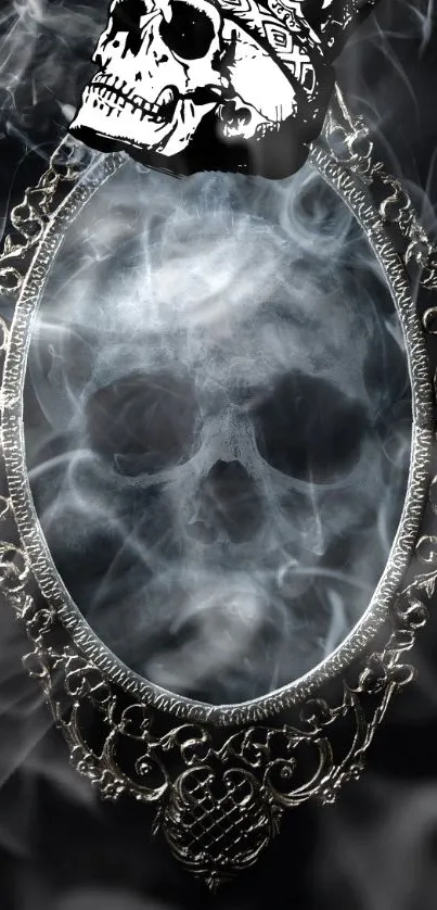 Skull reflected in an ornate mirror surrounded by swirling smoke.