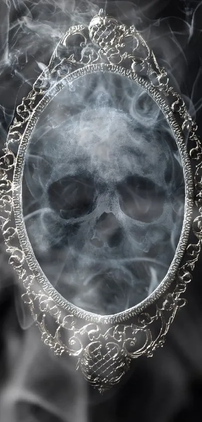 Skull smoke in an ornate mirror on black background.