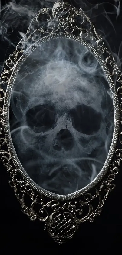 Vintage mirror with skull reflection and smoke design on a dark background.