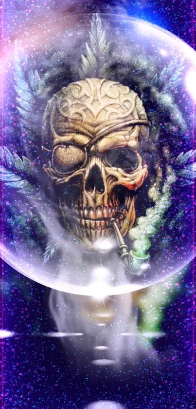 Mystical skull in a cosmic sphere wallpaper with vibrant colors.