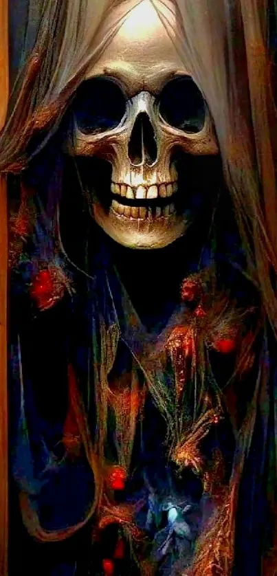 Ethereal skull with fabric draping mysterious imagery.