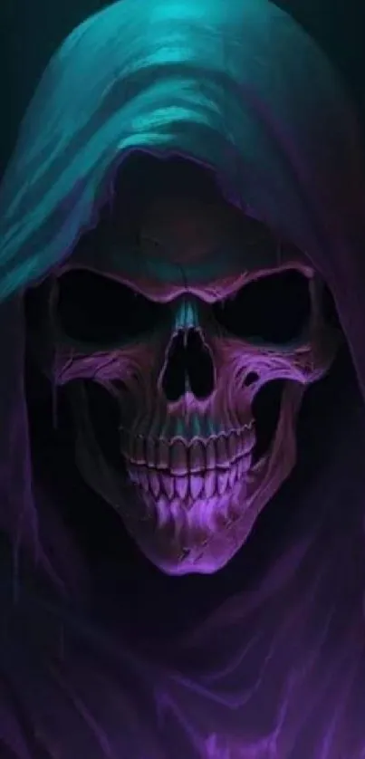 Mystical hooded skull in dark purple hues.