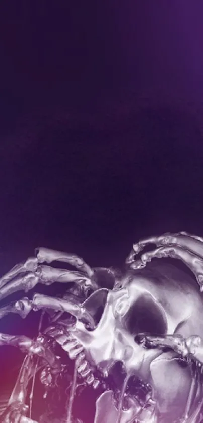 Mystical skull with artistic skeleton hands on a dark purple background.