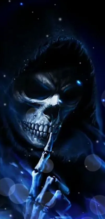 Mystical skull with dark background, emitting an eerie blue glow.