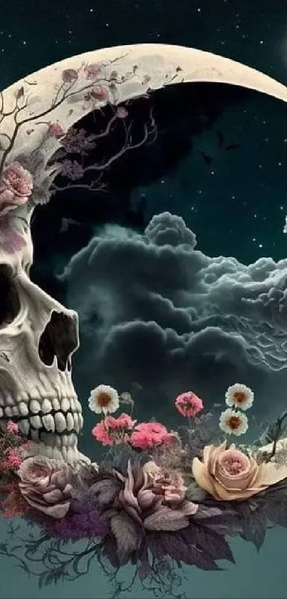 Enigmatic skull and moon wallpaper with roses and clouds.