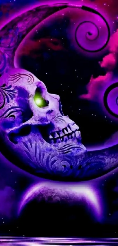 Mystical skull moon design in vibrant purple and magenta colors.