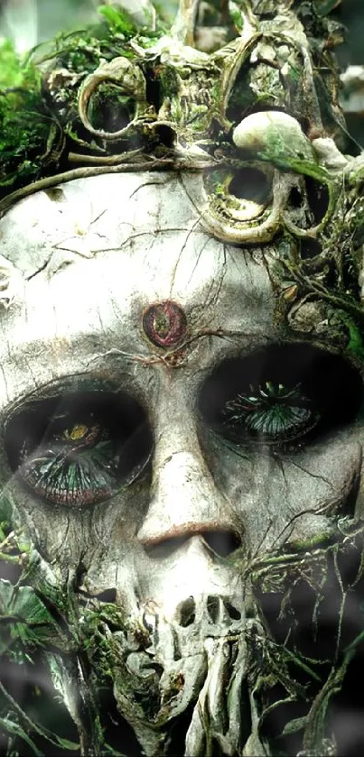 Mystical skulls intertwined with lush greenery.
