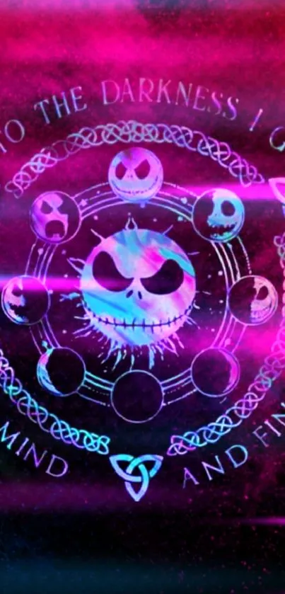 Neon skull design with mystical text in vibrant magenta hues.