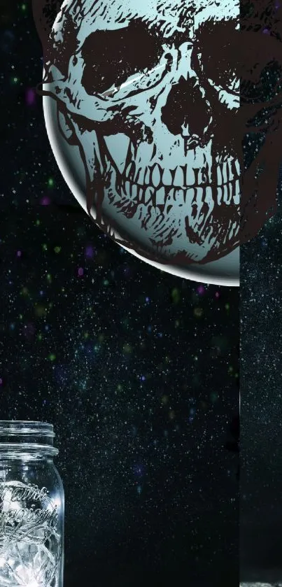 A mystical skull hovers in a starry night sky, illuminating a jar below.